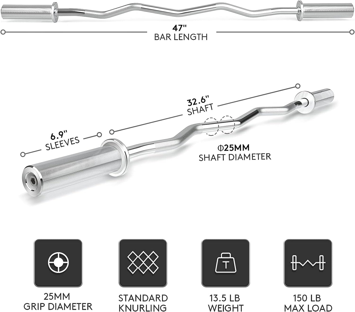 47" Olympic EZ Curl Barbell Bar for 2-Inch Weight Plates for Weight Lifting Bicep Curl, 2 Spring Collars Included