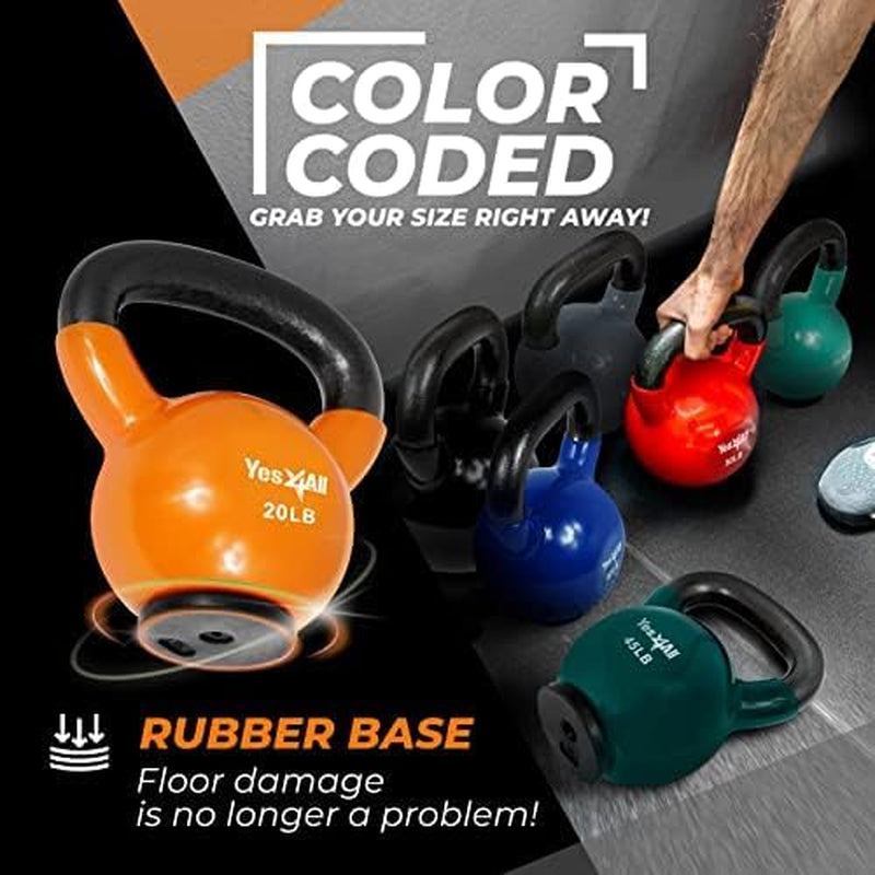 Fitness Kettlebells Weights (5-50LB)- Home Gym Equipment for Strength Training with Comfort Vinyl Coated Grip Wide Handle, Special Protective Bottom