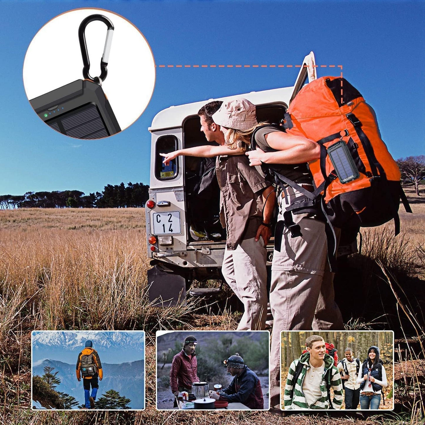 Phone Solar Charger, YELOMIN 20000Mah Portable Waterproof Solar Power Bank for Cellphones Tablets, External Backup Pack Battery Dual USB Outputs/Led Flashlights, Suitable for Outdoor Activities