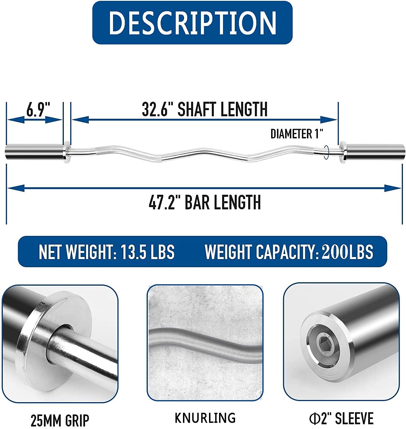 Olympic Super Curl Bar - 47 Inch Standard EZ Curl Weight Barbell for Home Gym Office, Workout Strength Training Weightlifting Bar, Suitable for 2 Inch Plates (Silver)