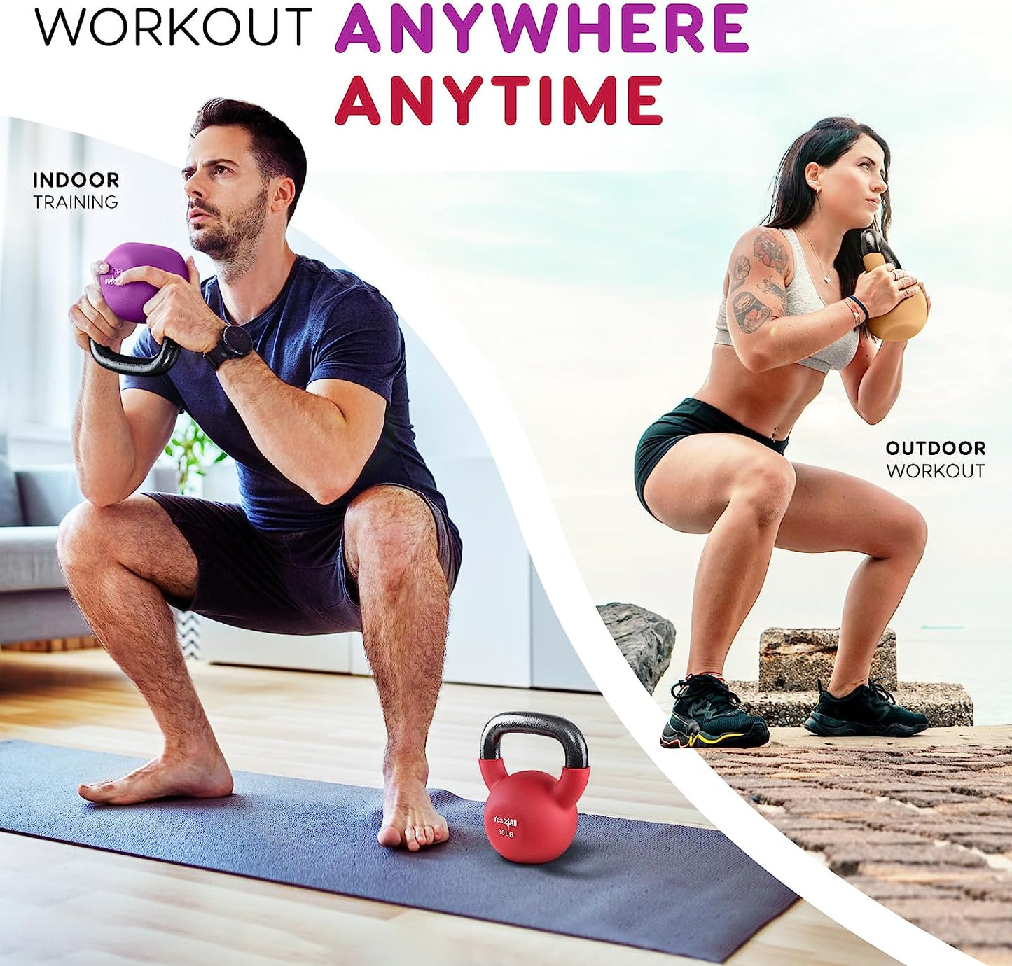 Contoured Adjustable/Neoprene Coated Strength Training Kettlebells Color Weights 5-50Lbs