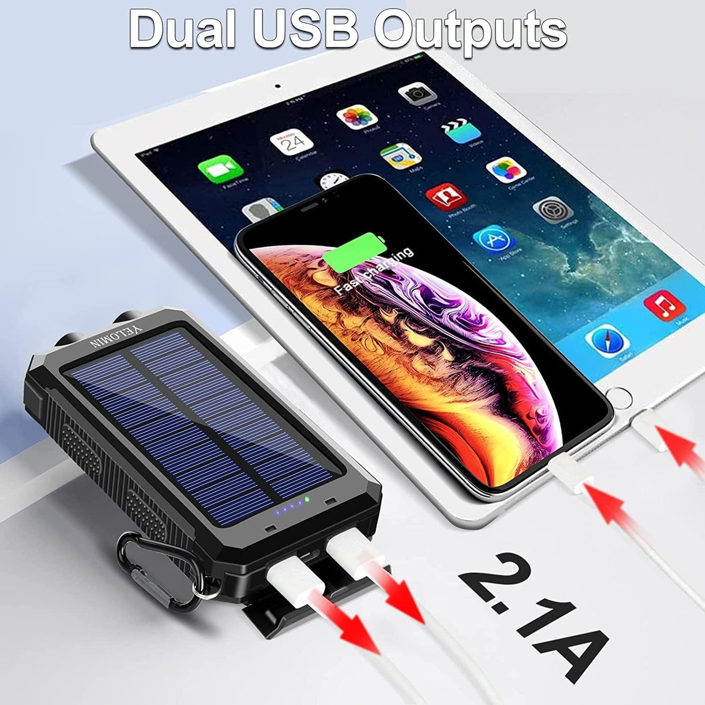 Phone Solar Charger, YELOMIN 20000Mah Portable Waterproof Solar Power Bank for Cellphones Tablets, External Backup Pack Battery Dual USB Outputs/Led Flashlights, Suitable for Outdoor Activities