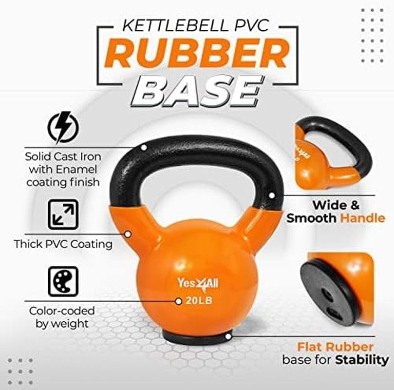 Fitness Kettlebells Weights (5-50LB)- Home Gym Equipment for Strength Training with Comfort Vinyl Coated Grip Wide Handle, Special Protective Bottom