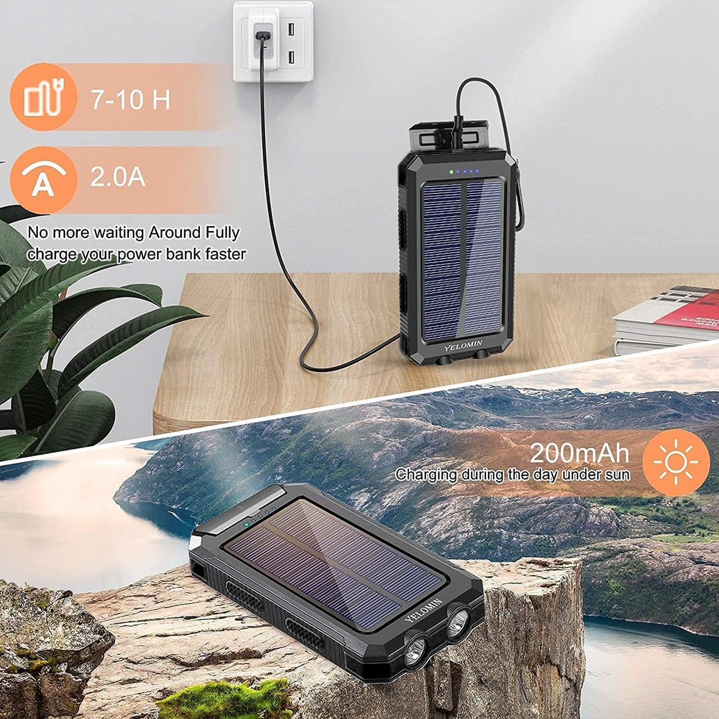 Phone Solar Charger, YELOMIN 20000Mah Portable Waterproof Solar Power Bank for Cellphones Tablets, External Backup Pack Battery Dual USB Outputs/Led Flashlights, Suitable for Outdoor Activities