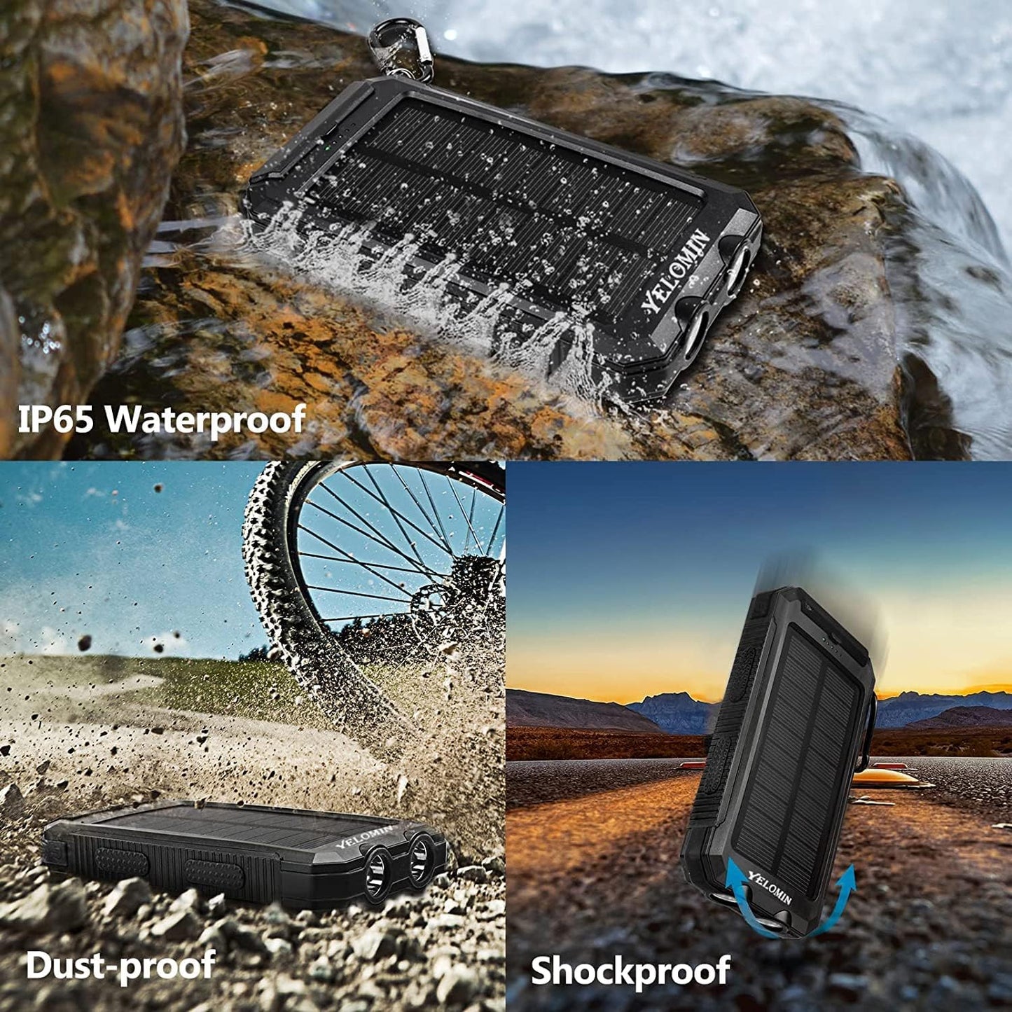 Phone Solar Charger, YELOMIN 20000Mah Portable Waterproof Solar Power Bank for Cellphones Tablets, External Backup Pack Battery Dual USB Outputs/Led Flashlights, Suitable for Outdoor Activities