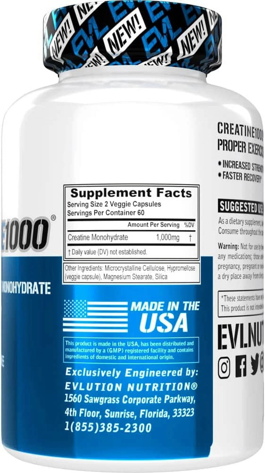 Creatine Monohydrate Pills 120Ct - EVL Nutrition Muscle Builder & Recovery Supplement - Creatine Capsules 1000Mg