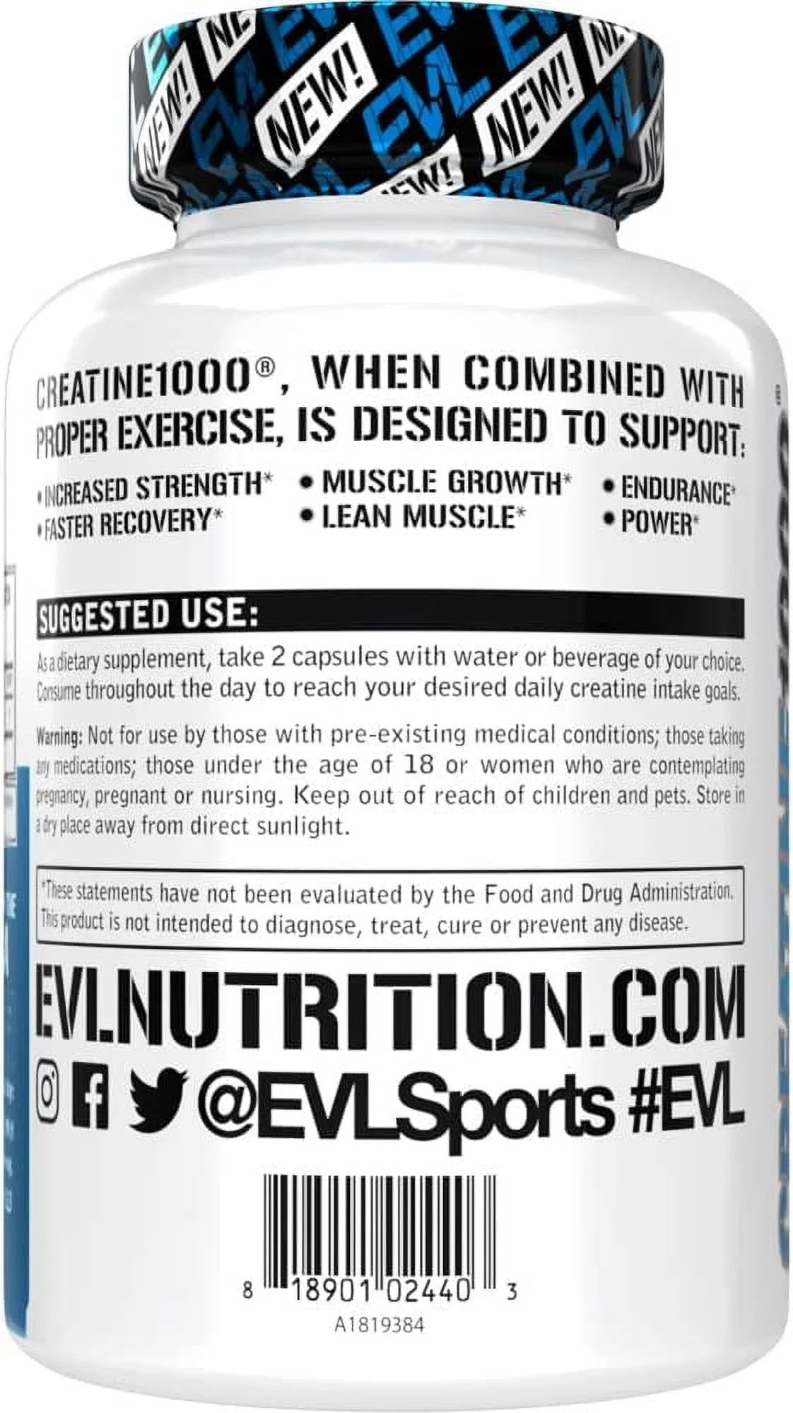 Creatine Monohydrate Pills 120Ct - EVL Nutrition Muscle Builder & Recovery Supplement - Creatine Capsules 1000Mg