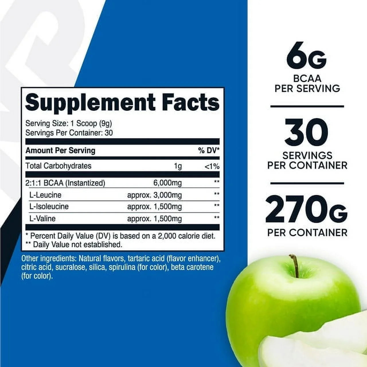 BCAA Powder 2:1:1 (Green Apple), 30 Servings - Amino Acid Supplement