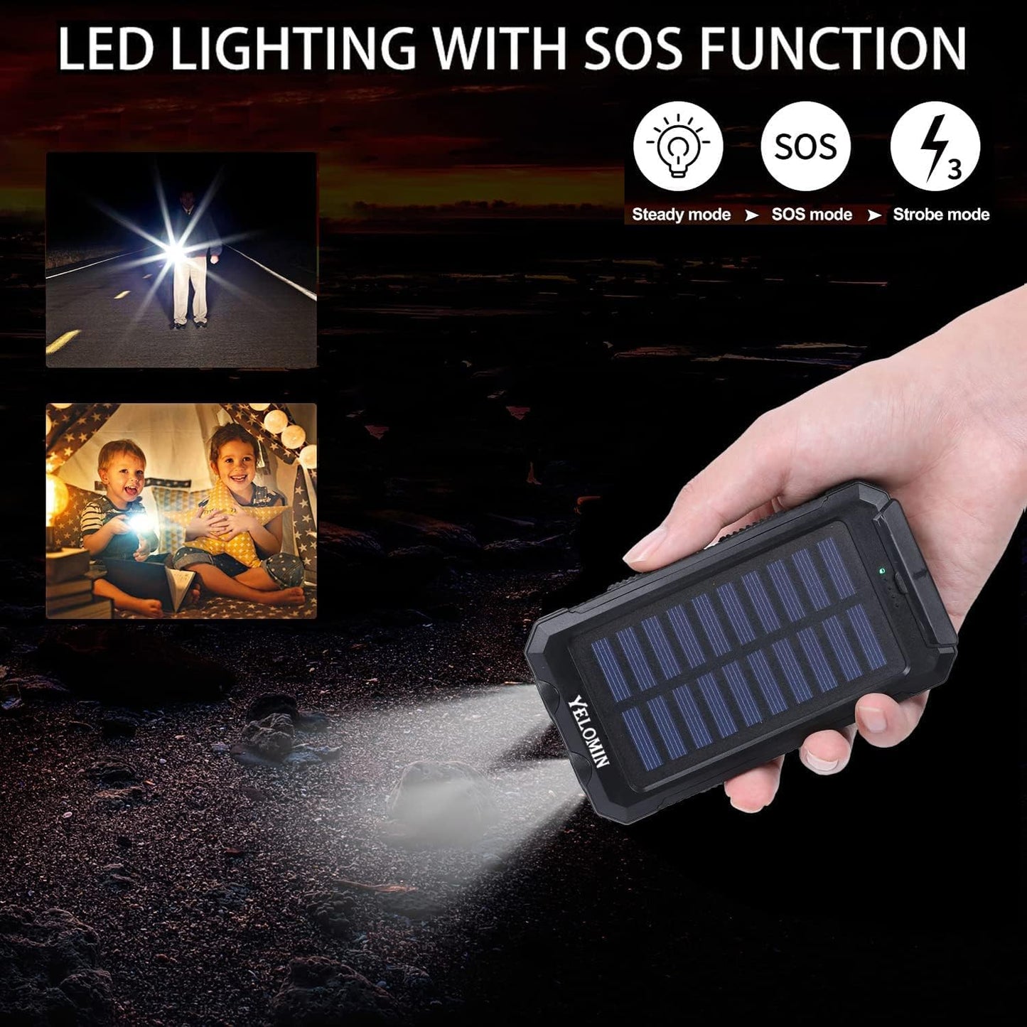 Phone Solar Charger, YELOMIN 20000Mah Portable Waterproof Solar Power Bank for Cellphones Tablets, External Backup Pack Battery Dual USB Outputs/Led Flashlights, Suitable for Outdoor Activities
