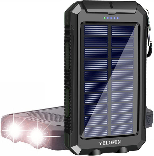 Phone Solar Charger, YELOMIN 20000Mah Portable Waterproof Solar Power Bank for Cellphones Tablets, External Backup Pack Battery Dual USB Outputs/Led Flashlights, Suitable for Outdoor Activities